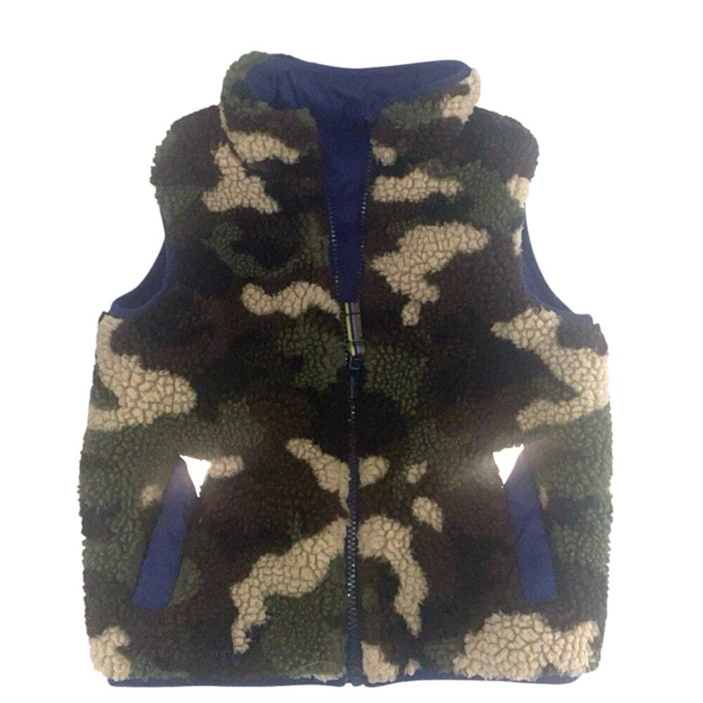 Mini Boden Reversible Camo Sherpa /blue Full Zip Vest Boys 3-4Y